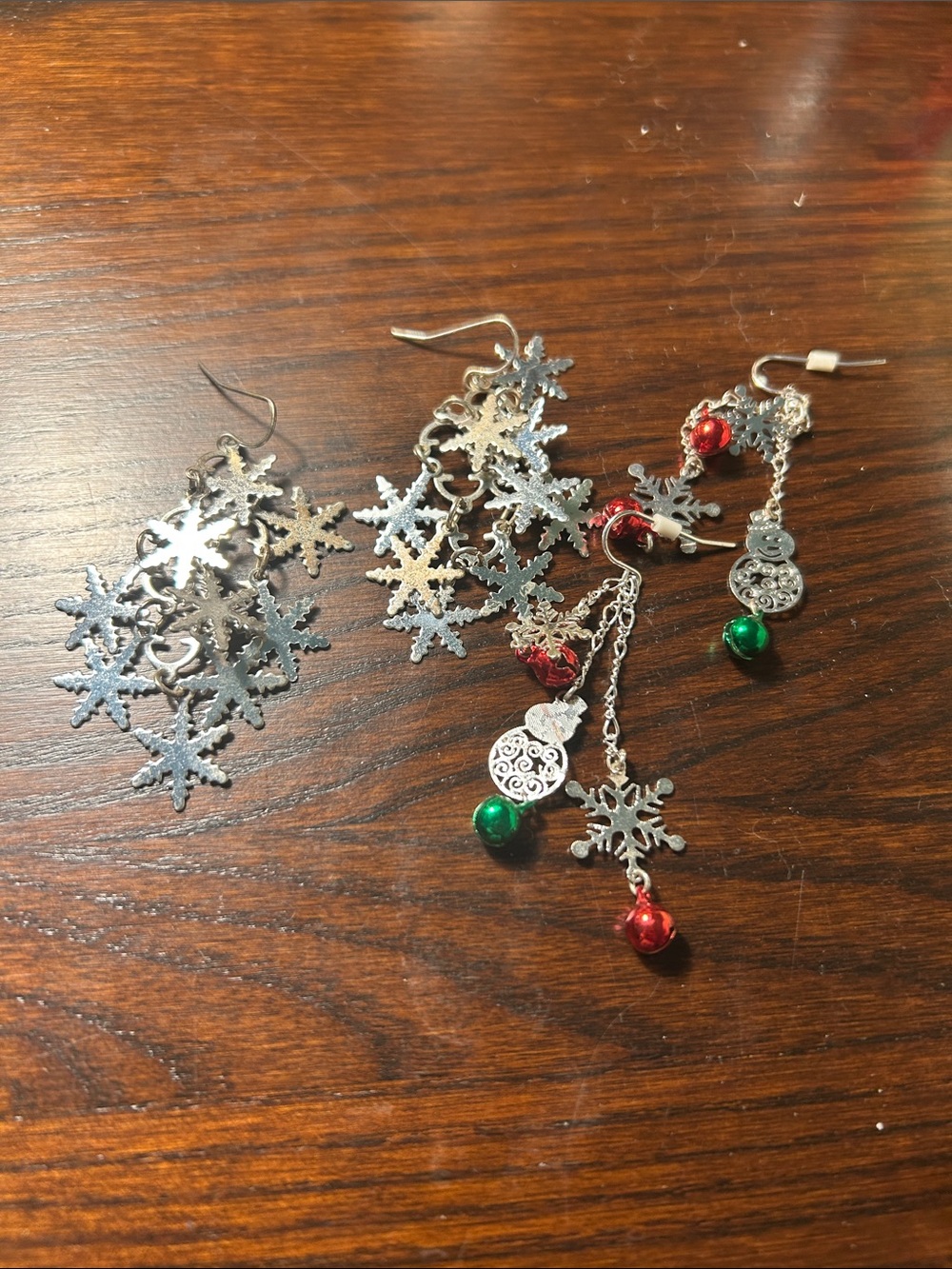 Silver Snowflake Dangle Earrings with Red & Green Accents